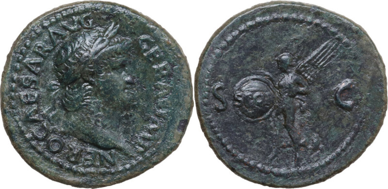 Nero (54-68). AE As, Rome mint, c. 65 AD. Obv. NERO CAESAR AVG GERM IMP. Laureat...