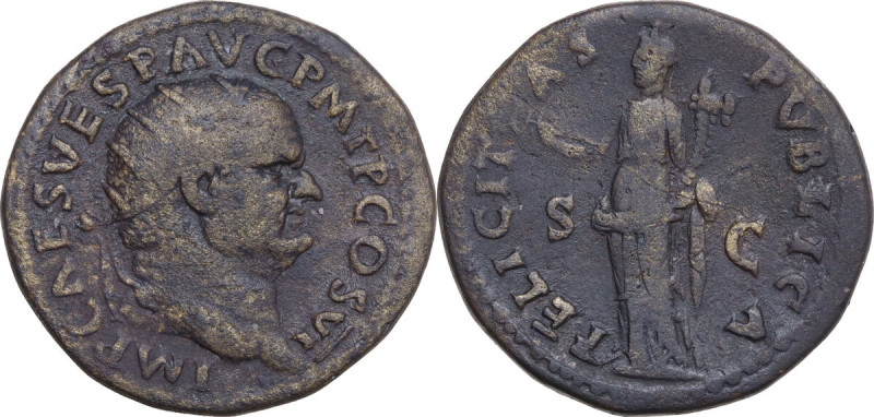 Vespasian (69-79). AE Dupondius, Rome mint, 75 AD. Obv. IMP CAES VESP AVG P M T ...