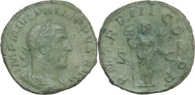 Philip I (244-249). AE Sestertius, Rome mint, 246 AD. Obv. IMP M IVL PHILIPPVS AVG. Laureate, draped and cuirassed bust right. Rev. P M TR P III COS P...