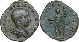 Philip II (244-249). AE Sestertius, Rome mint, 244-246. Obv. M IVL PHILIPPVS CAES. Bare-headed and draped bust right. Rev. PRINCIPI IVVENT S C. Philip...