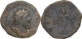 Postumus (259-268). AE Sestertius, Lugdunum mint, 260-269. Obv. IMP C M CASS LAT POSTVMVS P F AVG. Radiate, draped and cuirassed bust right. Rev. VIRT...