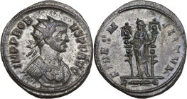 Probus (276-282). BI Antoninianus, 276-282. Obv. IMP PROBVS P F AVG. Radiate and cuirassed bust right. Rev. FIDES MILITVM / R-thunderbolt-E. Fides sta...