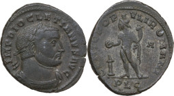 Diocletian (284-305). AE Follis, Lugdunum mint, 301-303. Obv. IMP DIOCLETIANVS AVG. Laureate and cuirassed bust right. Rev. GENIO POP-VLI ROMANI. Geni...