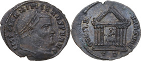 Maximianus (286-310). AE Follis, Ticinum mint, 307-308. Obv. IMP C MAXIMIANVS P F AVG. Laureate head right. Rev. CONSERV - VRB SVAE. Roma, draped, sea...