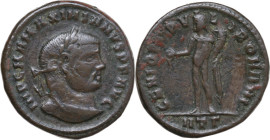 Maximianus (286-310). AE Follis, Heraclea mint. Obv. IMP C M A MAXIMIANVS PF AVG. Laureate head right. Rev. GENIO POPVLI ROMANI. Genius standing left,...