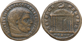 Galerius (305-311). AE Follis, Ostia mint, 309-312. Obv. DIVO MAXIMIANO SOCERO MAXENTIVS AVG. Veiled head right. Rev. AETERNA - MEMORIA. Eagle, wings ...