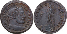 Galerius (305-311). AE Follis, Thessalonica mint, 298-299. Obv. GAL VAL MAXIMIANVS NOB CAES. Laureate head right. Rev. GENIO POPV-LI ROMANI. Genius, w...