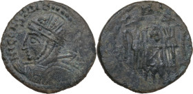 Uncertain Germanic tribe. Pseudo-Imperial coinage. AE, Barbaric imitation. Obv. Helmeted and cuirassed bust left, with shield and spear. Rev. Two Vict...