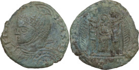 Uncertain Germanic tribe. Pseudo-Imperial coinage. AE, Barbaric imitation. Obv. Helmeted and cuirassed bust left, with shield and spear. Rev. Two Vict...