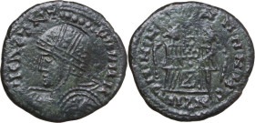 Uncertain Germanic tribe. Pseudo-Imperial coinage. AE, Barbaric imitation. Obv. Helmeted and cuirassed bust left, with shield and spear. Rev. Two Vict...