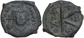 Maurice Tiberius (582-602). AE Half Follis. Thessalonica mint. Dated RY 6 (587/88 AD). Obv. DN mAVRC TIb PP AI. Diademed, helmeted and cuirassed bust ...