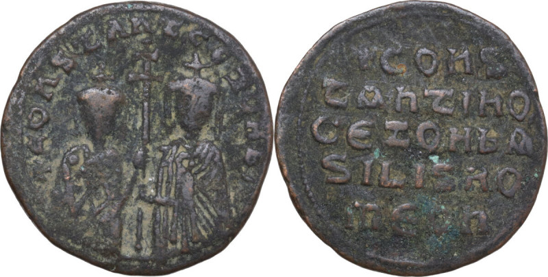 Constantine VII (913-959) with Zoe. AE Follis, Constantinople mint. Obv. Half-le...