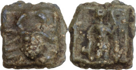 The Roman Empire. PB Tessera, square shaped. D/ Bearded and horned male head facing, with serpent-like hair. R/ Athena Nikephoros standing right, lean...