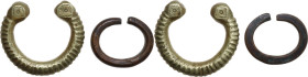 Africa. Lot of two (2) brass and AE Proto-money bracelets, XIX-XX century. Dimensions: 68 and 51 mm. Weights: 152 and 52.3 g. Cf. Fisher 1987, pp. 278...