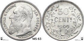 Belgium. Leopold II (1865-1909). 50 centimes 1909. KM 60. AR. 2.51 g. 18.00 mm. KONIG type. Encapsulated by Classical Coin Grading MS 63.