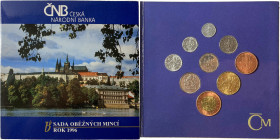Czech Republic. Annual coins set 1996, nine coins; 50, 20, 10, 5, 2, 1 Czech Korun, 50, 20, 10 Haleru. NI/CU. Within the original mint package. FDC.