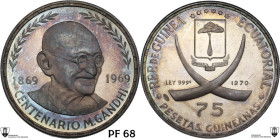 Equatorial Guinea. Republic (1968- ). AR 75 Pesetas 1970 for the 100th anniversary of the birth of Mahatma Gandhi. KM 11. AR. 15.18 g. 36.00 mm. Cabin...