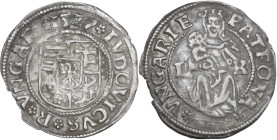 Hungary. Louis II (1516-1526). AR Denar, 1527 L-K, Kremnitz mint. Huszár 841; ÉH 673u. AR. 0.51 g. 16.00 mm. Lightly toned. VF.