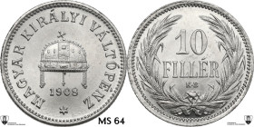Hungary. Franz Joseph (1848-1916). NI 10 Filler 1908 KB, Kremitz mint. KM 482. NI. 2.98 g. 19.00 mm. Encapsulated by Classical Coin Grading MS 64.