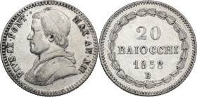 Italy. Pius IX (1846-1878), Giovanni Mastai Ferretti. AR 20 Baiocchi, 1858 Bologna. Pag. 283. AR. 5.66 g. 23.00 mm. Good VF.