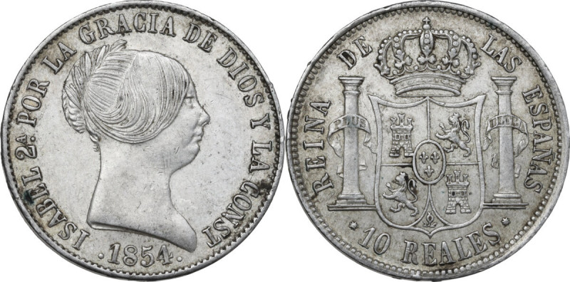 Spain. Isabel II (1833-1868). AR 10 Reales, 1854. KM 595.1. AR. 12.84 g. 30.00 m...