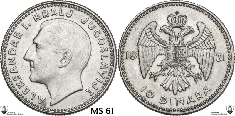 Yugoslavia. Alexander I (1929-1934). AR 10 Dinara 1931. KM 10. AR. 7.00 g. 25.00...