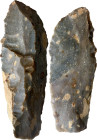 STONE HAND AXE Probably Neolithic period, c. 40000 - 10000 years ago. Hand flint axe, with the two long sides marked and a rounded tip. Dimensions: 11...