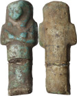 FAIENCE USHABTI Egyptian culture, New Kingdom, c. 1550 - 1070 BC Egyptian ushabti in blue faience, with two hoes in its crossed arms. On the back ther...