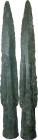 BRONZE AGE SPEARHEAD Late Bronze Age, c. 12th - 8th century BC. Bronze spearhead with conical cannon handle. Unusual engraved herringbone decoration a...