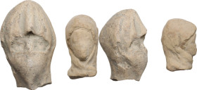CYPRIOTIC VEILED WOMAN HEADS Greek Cyprus, c. 4th century BC. Lot of two terracotta heads, forming part of goddess statuettes, originally seated on a ...