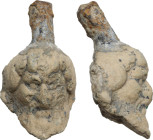 LEAD BEARDED HEAD Greek World, c. 4th - 2nd century BC. Bearded lead male head, part of a larger object, of which it retains the tang through which it...