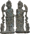 MINERVA BRONZE STATUETTE Roman period, c. 1st - 2nd century AD. Bronze statuette of Minerva standing facing, leaning on spear (?) with a coiled snake ...