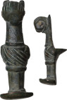 BRONZE FURNITURE FOOT Ancient Near East, c. 1st - 8th century AD. (?) Bronze furniture foot shaped like a highly stylized zoomorphic figure. Dimension...
