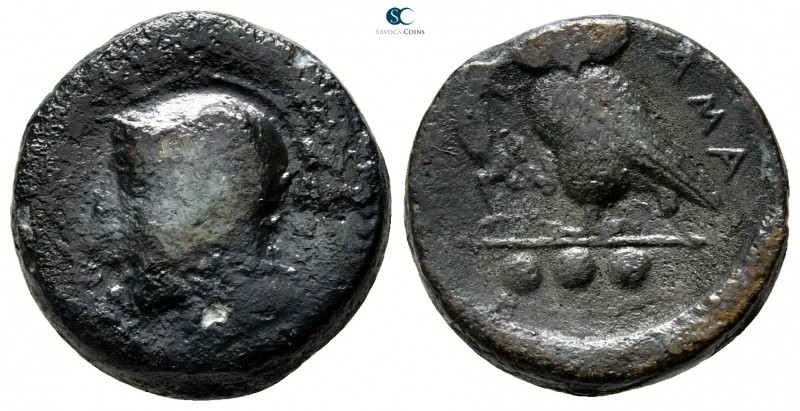 Sicily. Kamarina circa 420-405 BC. 
Tetras or Trionkion Æ

14 mm., 3,74 g.
...