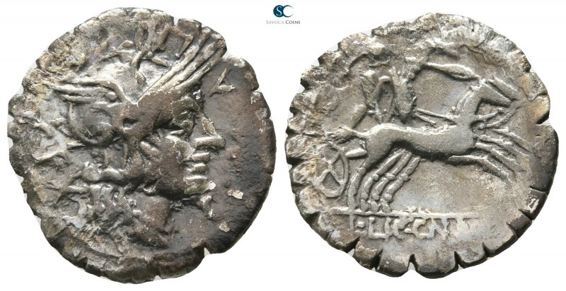 L. Porcius Licinius 118 BC. Rome
Serrate Denarius AR

21 mm., 3,48 g.



...