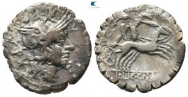 L. Porcius Licinius 118 BC. Rome. Serrate Denarius AR