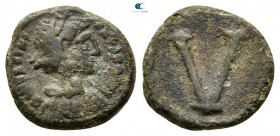 Justinian I AD 527-565. Uncertain mint. Pentanummium Æ
