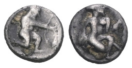 ASIA MINOR, Uncertain. 4th century BC. AR Fraction Figure kneeling(?) right, holding uncertain object /
Rev: Herakles, wearing lion skin, crouching ri...