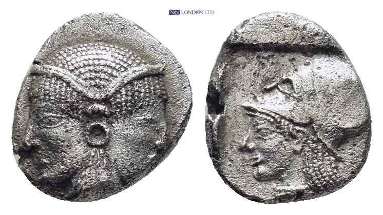 Mysia, Lampsakos AR Diobol. (10mm, 1.1 g) c. 500-450. Female janiform head / Hel...