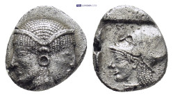 Mysia, Lampsakos AR Diobol. (10mm, 1.1 g) c. 500-450. Female janiform head / Helmeted head of Athena l. within incuse square.