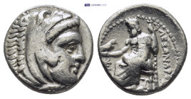 Kingdom of Macedon. Alexander III AR Drachm. (16mm, 4.2 g) Sardis c. 323-319. Head of Herakles r., wearing lion skin / Zeus Aëtophoros seated l.; mono...