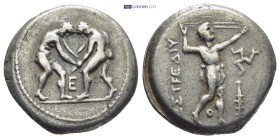 PAMPHYLIA, Aspendos. Circa 325-300/250 BC. AR Stater (23mm, 9.66 g). Two wrestlers grappling; E between / Slinger in throwing stance right; O between ...