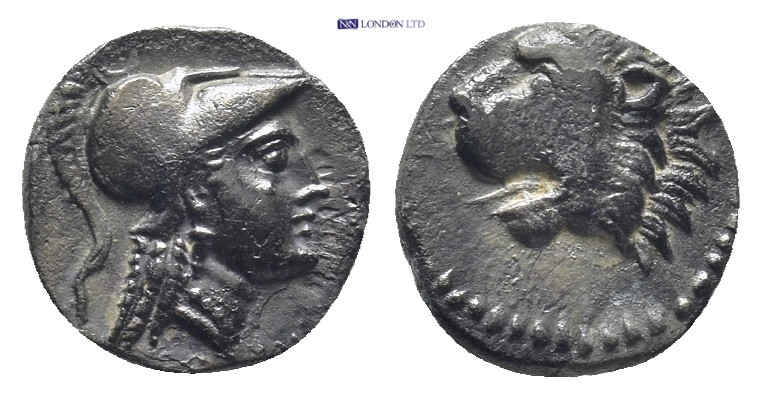 PAMPHYLIA, Side. Circa 400-380 BC. AR Obol (10mm, 0.7 g) Helmeted head of Athena...