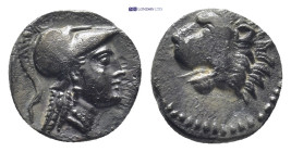 PAMPHYLIA, Side. Circa 400-380 BC. AR Obol (10mm, 0.7 g) Helmeted head of Athena right. / Head of lion left.