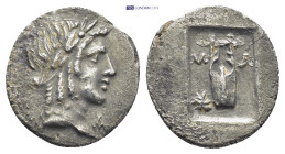Lycian League AR Hemidrachm. (14mm, 1.6 g) Masikytes, circa 48-42 BC. Laureate head of Apollo right. / Lyre; M-A across fields, uncertain symbol to le...