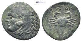 CARIA. Kos. Ae (15mm, 2.43 g) (Circa 250-210 BC).. Obv: Head of Herakles right, wearing lion skin. Rev: ΚΩΙON. Crab.