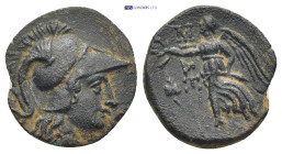 PAMPHYLIA. Side. Ae (16mm, 1.9 g) (3rd/2nd centuries BC). Obv: Head of Athena right, wearing Corinthian helmet. Rev: ΣIΔHTΩN. Nike advancing left, hol...