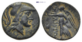 PAMPHYLIA. Side. Ae (16mm, 2.8 g) (3rd/2nd centuries BC). Obv: Head of Athena right, wearing Corinthian helmet. Rev: ΣIΔHTΩN. Nike advancing left, hol...