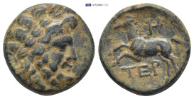 Pisidia, Termessos, AE (Bronze, 18mm, 6.0 g), pseudo-autonomous issue, 1st cent. BC. Obv: Laureate head of Zeus right. Rev: TEP, horse leaping left, a...