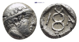 Thrace, Ainos. AR Diobol, (1.2 g 9 mm). Circa 464-460 BC. Obv: Head of Hermes right wearing petasos. Rev: I-A, Caduceus set diagonally across incuse s...